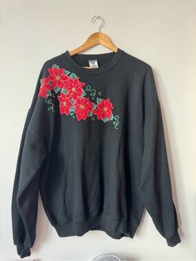 Vintage Jerzees Poinsettia Christmas Sweatshirt XL Black Embroidered Holiday